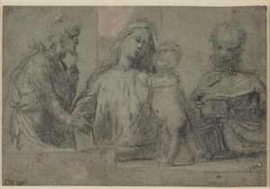 Figuras de medio cuerpo de una Madonna y el Niño flanqueados por San Juan Bautista y San Pedro de Tizian