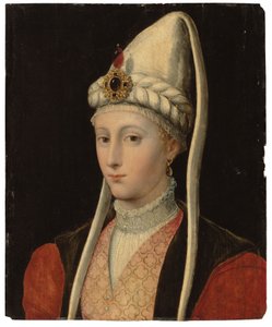 Retrato de una mujer, posiblemente Haseki Hürrem Sultan, llamada Roxelana, busto, en traje otomano, con un tocado con joyas