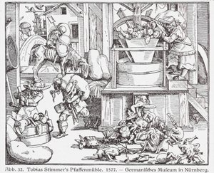 Sacerdotes católicos pasados por un molino (xilografía) de Tobias Stimmer