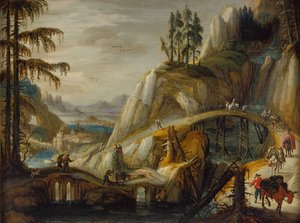 Viajeras en un paisaje alpino (óleo sobre tabla) de Tobias Verhaecht