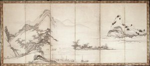Viajeros en un puente junto a un lago, c.1700 (tinta y color sobre papel) de Toetsu Toetsu