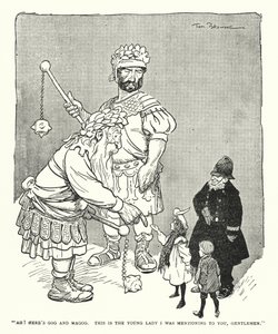 "¡Ah! Aquí están Gog y Magog, Esta es la joven que les mencioné, caballeros" de Tom Browne