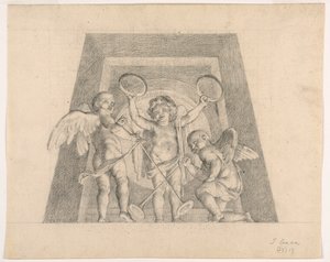 Tres Putti con Panderetas y Trompetas, Diseño para Luneta de la Sala delle Muse, Museo Pio-Clementino, Vaticano de Tommaso Maria Conca