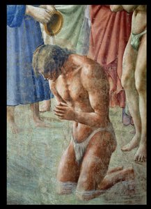San Pedro bautizando a los neófitos, detalle del neófito (detalle) de Tommaso Masaccio