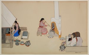 Mujeres tejiendo y supervisando el horno, principios del siglo XX (caseína sobre papel)