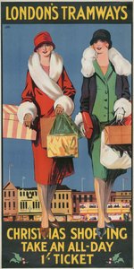 Compras navideñas, tome un boleto de todo el día, cartel de los tranvías del Consejo del Condado de Londres LCC, 1926