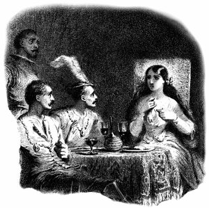 Una mujer joven y tres hombres de pie delante de copas de vino. -Detalle de un grabado (aguafuerte) de Tony Johannot (Antoine Johannot, dit de Tony Johannot