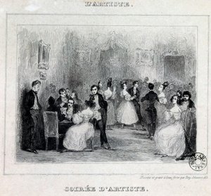Una noche de artista: baile y juegos de cartas durante una velada burguesa. Dibujo de Antoine Johannot, conocido como Tony Johannot (1803-1852) 1831 París, Biblioteca de l