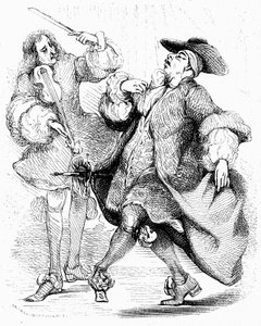Moliere: El burgués señor Jourdain baila bajo la dirección de su maestro de música. Grabado de Tony Johannot en la edición de las obras completas, Paulin 1836.