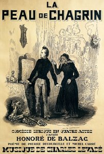 Póster de Le peau de chagrin, ópera cómica, libreto de Pierre Decourcelle y Michel Carre, música de Charles Levade, de la novela de Honoré De Balzac, dibujo de Tony Johannot de Tony Johannot