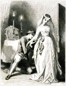 Amante suspirando arrodillado a los pies de su bello compromiso en un interior a la luz de las velas - chica con vestido y peinado románticos - grabado (aguafuerte 1845) de Tony Johannot (Antoine Johannot dit de Tony Johannot
