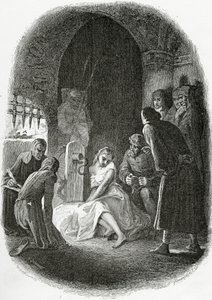 La interrogación de Esmeralda - ilustración de Notre Dame de París, siglo XIX (grabado en blanco y negro) de Tony Johannot