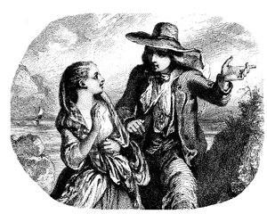Dos amantes junto al agua (río - lago - mar) con un barco (velero - velero) a lo lejos - aguafuerte (detalle) de Tony Johannot (Antoine Johannot dijo de Tony Johannot