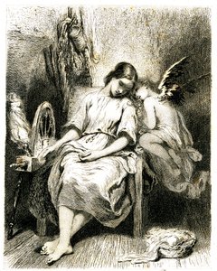 Mujer joven (hilandera) durmiendo junto a su rueda - un angelot se inclina sobre su hombro - sueño - ensueño - amor - grabado (aguafuerte 1845) de Tony Johannot (Antoine Johannot dit de Tony Johannot