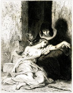 Mujer joven visiblemente sufriendo (enferma) arrodillada sobre las rodillas de una mujer mayor que le hace tomar una poción (medicina) - aguafuerte (aguafuerte) de Tony Johannot (Antoine Johannot dit de Tony Johannot