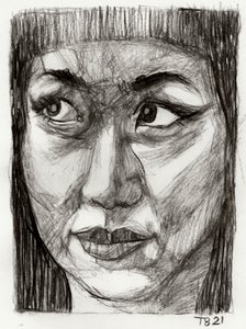 Dibujo de una mujer asiática pensativa de Tore Bahnson