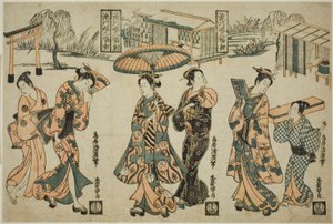 Chicas de Fukagawa - Un Tríptico (Fukagawa musume sanpukutsui) de Torii Kiyohiro