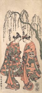 Jóvenes amantes bajo un sauce llorón, con las manos entrelazadas y las cabezas inclinadas de Torii Kiyohiro
