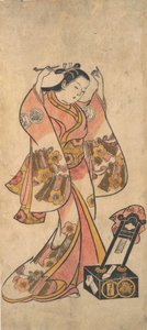 Sanjo Kantaro como una mujer arreglando su cabello frente a un espejo de laca, antes de 1763
