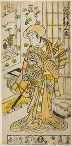 El Actor Ogino Isaburo I en dos roles, Tora y Soga no Juro, en la obra "Juhakko Imayo Soga," representada en el Teatro Nakamura en el primer mes, 1734 de Torii Kiyomasu II