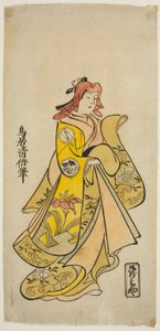 El actor Sanjo Kantaro II como Oshichi en la obra "Nanakusa Fukki Soga," representada en el Teatro Ichimura en el primer mes, 1718 de Torii Kiyomasu II