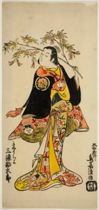 El actor Sanjo Kantaro II como una mujer loca en la obra "Kabuto Goban Tadanobu," representada en el Teatro Nakamura en el undécimo mes, 1728 (?)