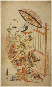 El actor Sanogawa Mangiku I como Sanada, la hija del hilandero Itoya, en la obra "Hiragana Yomeiri Izu Nikki," representada en el Teatro Nakamura en el undécimo mes, 1718 de Torii Kiyomasu II