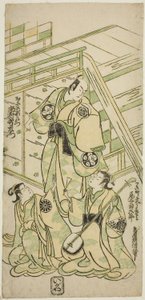 Los actores Ichimura Uzaemon VIII como Onio Shinzaemon y Onoe Kikugoro I como la cortesana Usugumo en la obra "Nanakusa Wakayagi Soga," representada en el Teatro Ichimura en el primer mes, 1744 de Torii Kiyomasu II