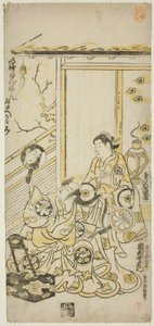 Los actores Tamazawa Saijiro I como Oiso no Tora e Ichimura Uzaemon VIII como Soga no Juro en la obra "Haru wa Akebono Kuruwa Soga," representada en el Teatro Ichimura en el primer mes, 1743 de Torii Kiyomasu II
