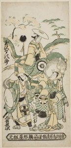 Los actores Tamazawa Saijiro I como Ushiwakamaru, Segawa Kikunojo I como Oroku, y Otani Oniji I como Matano Goro en la obra "Sazareishi Suehiro Genji," representada en el Teatro Nakamura en el primer mes, 1744 de Torii Kiyomasu II