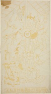 Los actores Tamazawa Saijiro I como el paje Umezaburo y Segawa Kikunojo I como Oroku en la obra "Sazareishi Suehiro Genji," representada en el Teatro Nakamura en el primer mes de 1744 de Torii Kiyomasu II