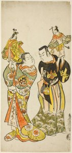 Los actores Yamashita Kinsaku I y Hayakawa Hatsuse como titiriteros en la obra "Diario de un viaje por mar a Izu" ("Funadama Izu Nikki"), representada en el Teatro Nakamura en el primer mes de 1725 de Torii Kiyomasu II