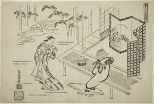 Los actores Nakamura Takesaburo I como Kewaizaka no Shosho e Ichikawa Danjuro II como Soga no Goro vestidos de komuso en la obra "Bando Ichi Kotobuki Soga", representada en el Teatro Nakamura en el primer mes de Torii Kiyomasu I