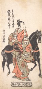 Bando Hikosaburo como Hanaregoma Chokichi sosteniendo su caballo negro de Torii Kiyomitsu