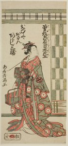 El actor Arashi Sankatsu en el papel de Kanamuraya Osan en la obra "Soga Hiiki Nihon Sakura", representada en el Teatro Nakamura en el tercer mes de 1762.