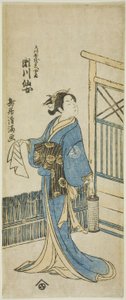 El actor Segawa Senjo (Kikunojo III) como esposa de Amakawaya Gihei en la obra "Kanadehon Chushingura", representada en el Teatro Nakamura en el quinto mes de 1776.