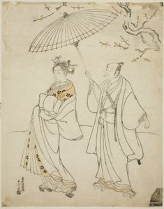 Los actores Ichikawa Komazo I (izq.) y Nakamura Matsue I (der.) de Torii Kiyomitsu I