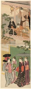 Un vendedor de abanicos pasando bajo un balcón de Torii Kiyonaga