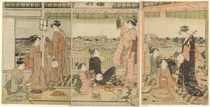 Una fiesta viendo la luna a través del río Sumida de Torii Kiyonaga