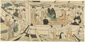 Fiesta de actores en barco por el río Sumida de Torii Kiyonaga