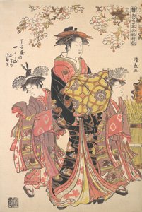 Una Oiran acompañada por dos Kamuro de Torii Kiyonaga