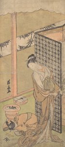Una Oiran en Atuendo Nocturno, pausando, con una Mano en la Pantalla que Rodea su Cama..., ca. 1770 de Torii Kiyonaga