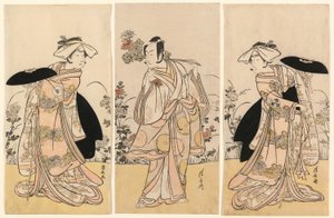 Bando Mitsugoro II como Tennen no Mansaku-kitsune e Ichikawa Monnosuke III como Nikaido Shinanonosuke e Iwai Hanshiro IV como Okura no Kojoro-kitsune en la escena del drama Moto Mishi Yuki Sakae Hachi-no-ki (Nidaime Bando Mitsugoro no Tennen no mansaku- de Torii Kiyonaga