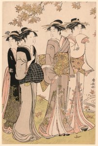 Bellezas bajo un arce, de la serie "Una colección de bellezas contemporáneas de los barrios de placer (Tosei yuri bijin awase)" de Torii Kiyonaga