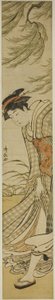 Cortesana caminando bajo un sauce en un día ventoso de Torii Kiyonaga