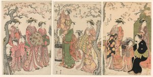 Cortesanas y sus niños asistentes bajo los cerezos en flor de Torii Kiyonaga