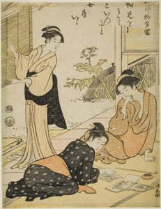 Descubriendo la dirección de la amante de un marido, de la serie "Colección de poemas humorísticos (Haifu yanagidaru)" de Torii Kiyonaga