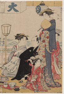 Entretenimiento en un balcón junto al agua en Nakasu, de la serie, Una colección de bellas mujeres modernas de los barrios de placer de Torii Kiyonaga