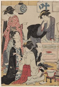 Entretenimiento en un Balcón junto al Agua en Nakasu, de la serie, Una Colección de Bellas Mujeres Modernas de los Barrios de Placer de Torii Kiyonaga