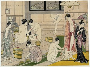 The Bathhouse Women - Obra de Torii Kiyonaga (1752-1815), impresión (18 x 13,5 cm), hacia 1790 - Colección privada